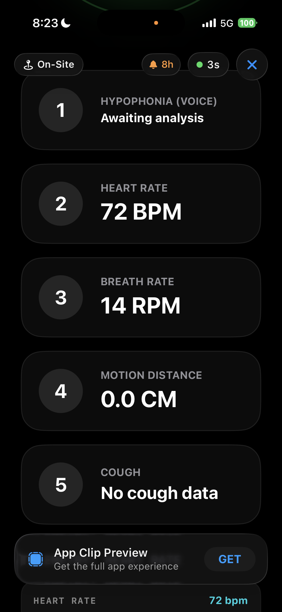 AEYRON clinical metrics — voice, heart rate, breath rate, motion, cough
